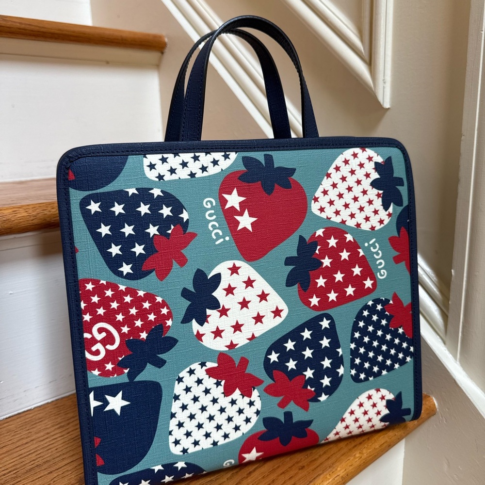 Gucci Blue and Red Strawberry Print Tote